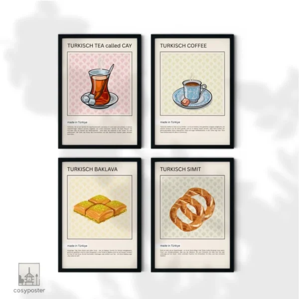 4er Set Poster Orient | Turkish Tea | Coffee | Baklava |Simit